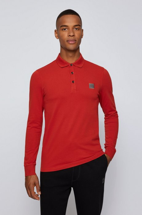 Slim-fit long-sleeved polo shirt with logo badge, Red