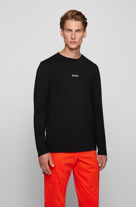 Long-sleeved stretch-cotton T-shirt with five-layer logo, Black