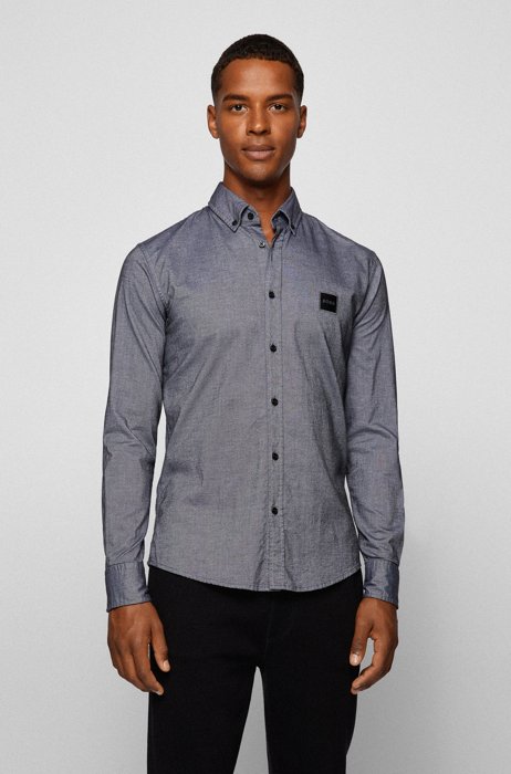 Slim-fit shirt in stretch cotton with logo patch, Grey
