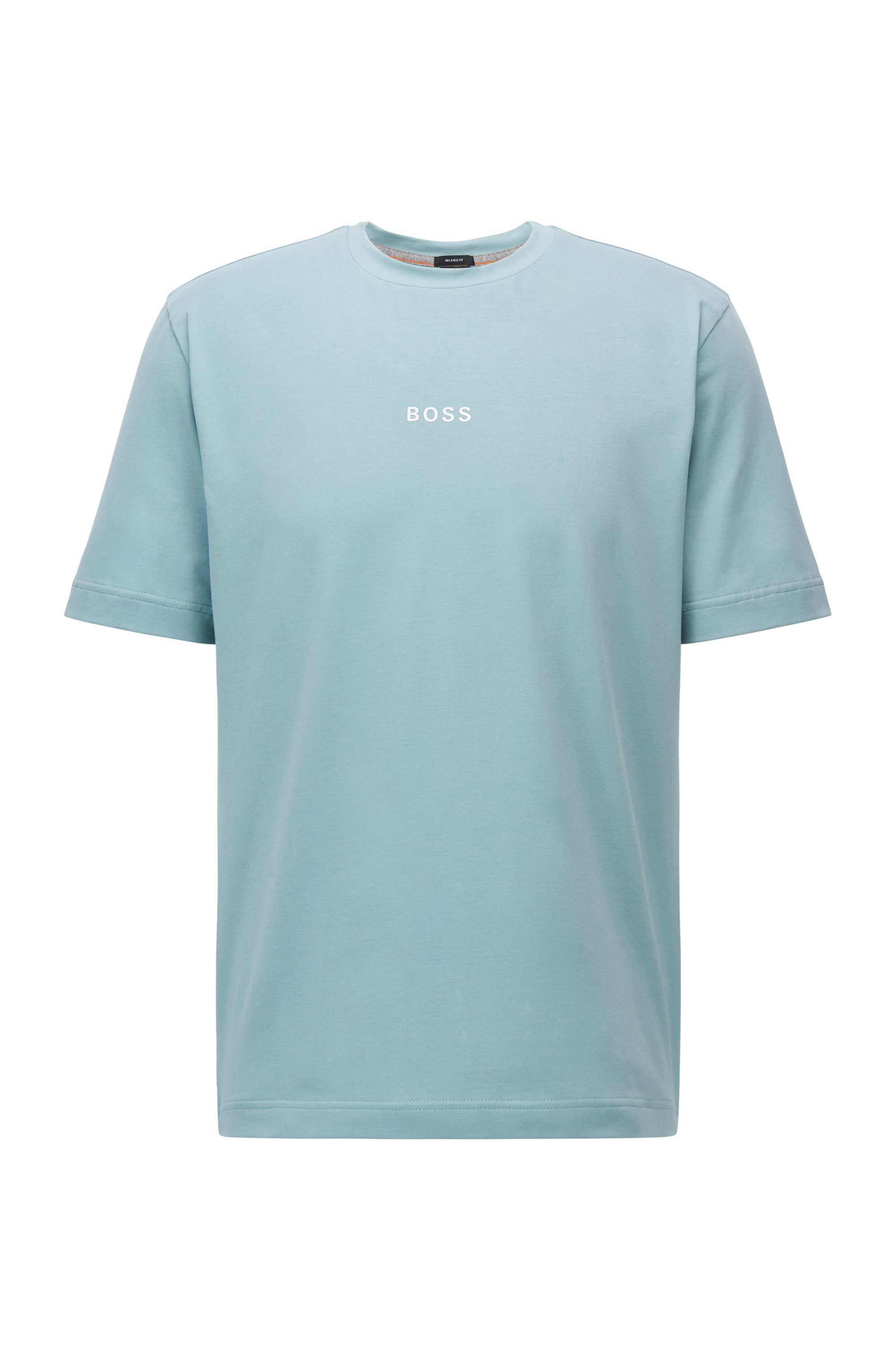 Relaxed-fit T-shirt in stretch cotton with logo print, Turquoise