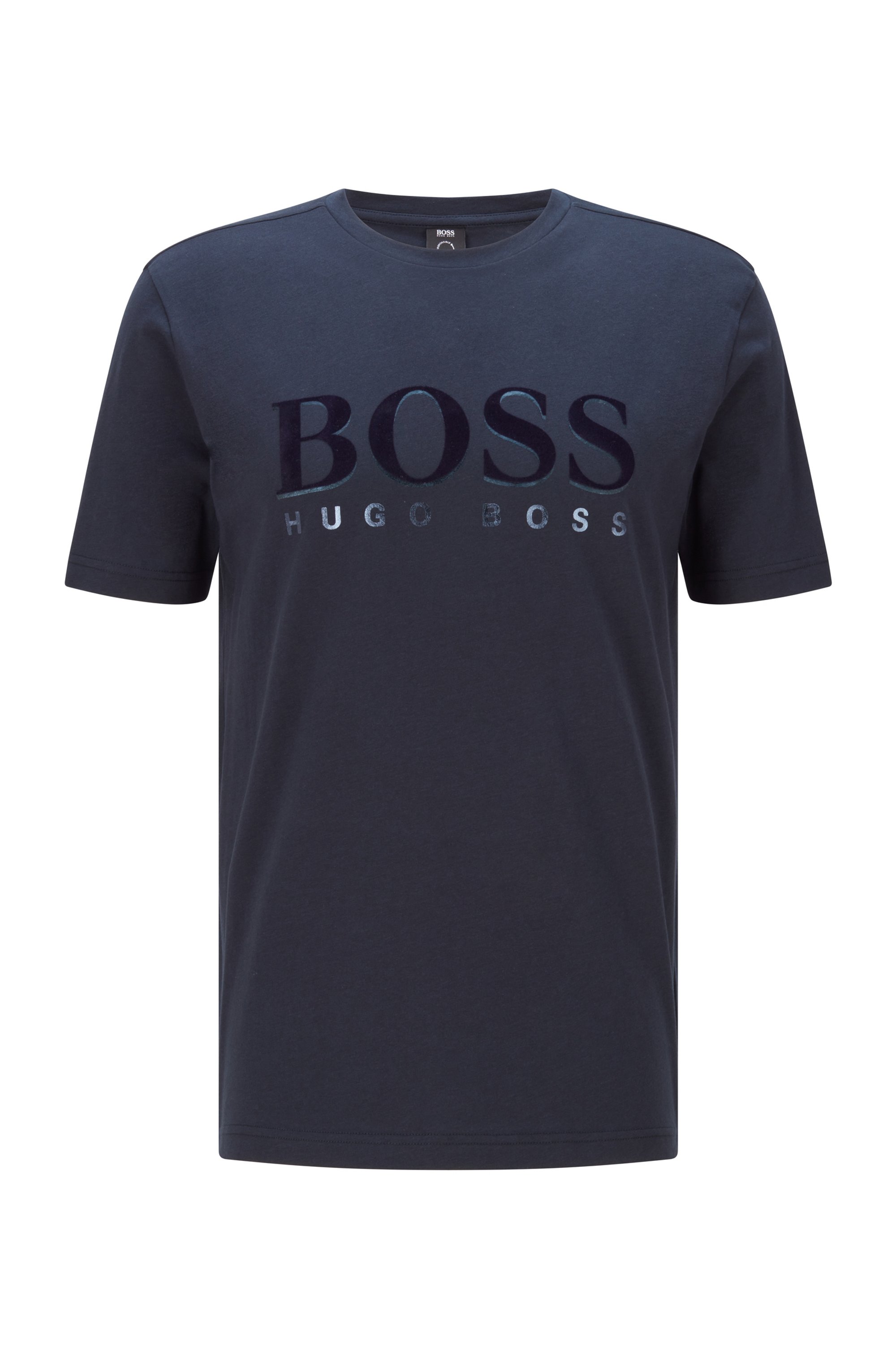 Camiseta regular fit de algodón con logotipo de estampado mixto, Azul oscuro