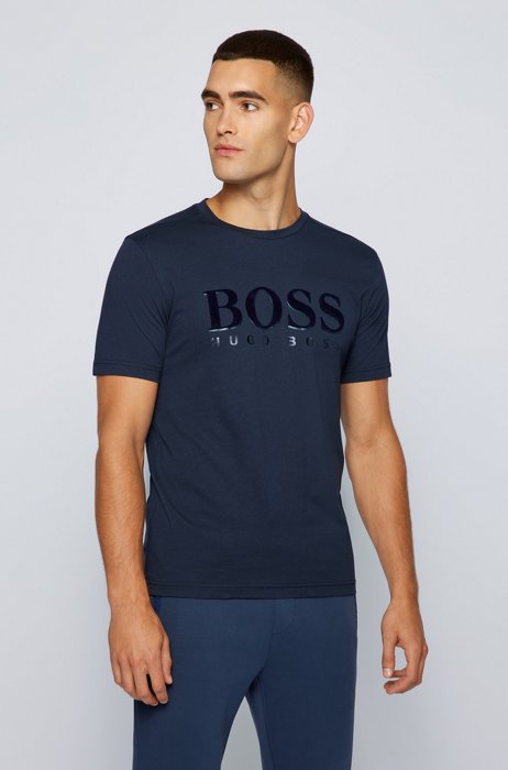 Cotton regular-fit T-shirt with mixed-print logo, Dark Blue