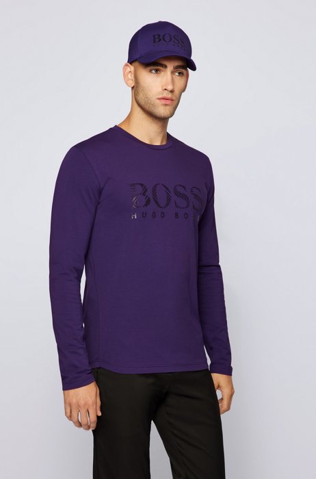 Long-sleeved T-shirt in stretch cotton with metallic logo, Dark Purple