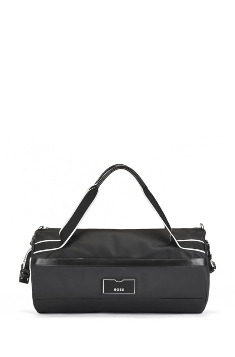 Logo holdall in smooth recycled nylon with leather trims, Black