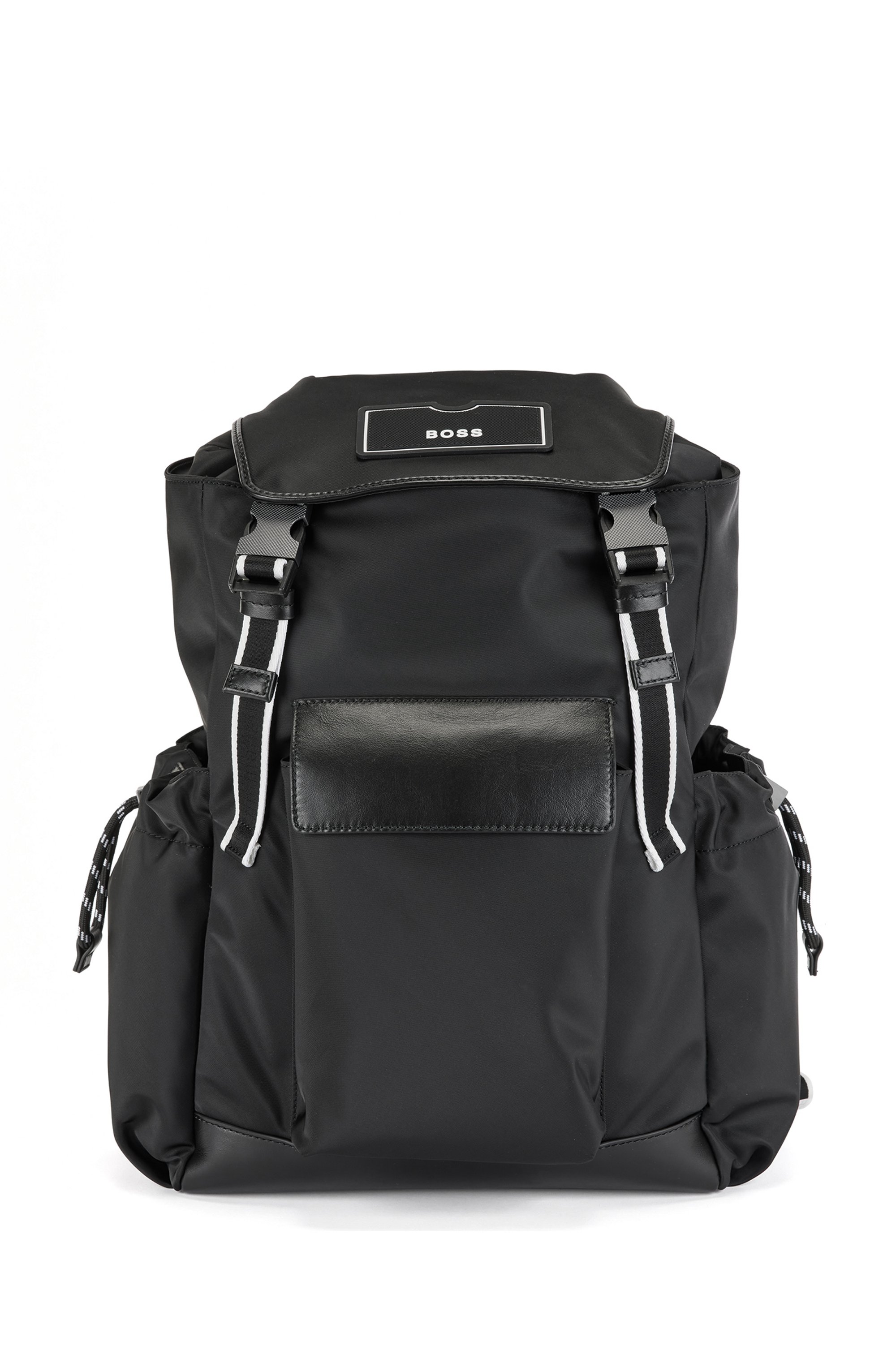 Recycled-material backpack with leather trims, Black
