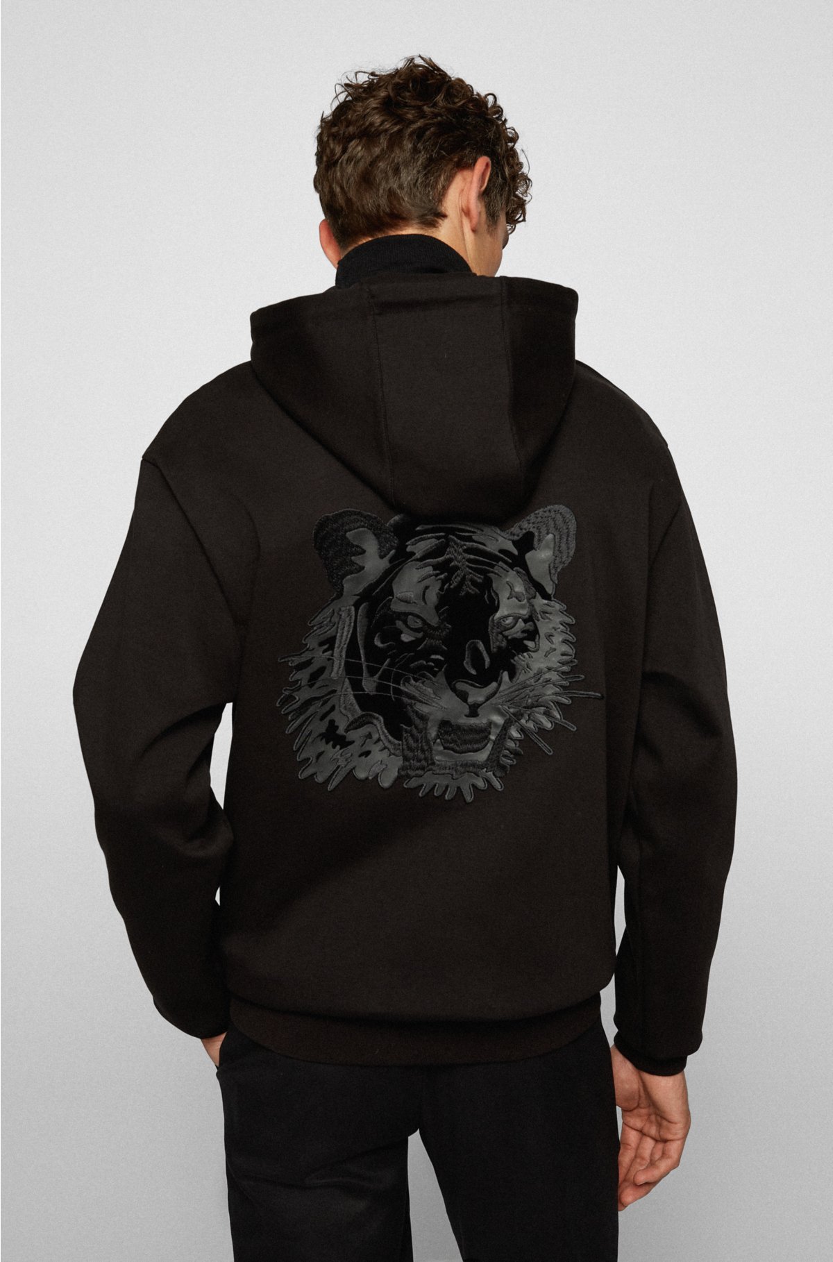 BOSS - Cotton-blend hooded sweatshirt with tiger artwork