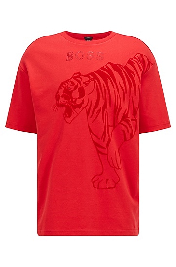 老虎图案水钻徽标棉质 T 恤,  623_Bright Red