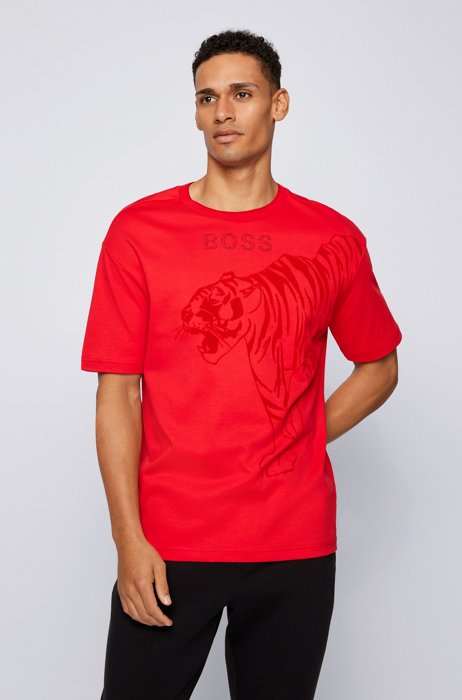 Organic-cotton T-shirt with tiger graphic and rhinestone logo, Red