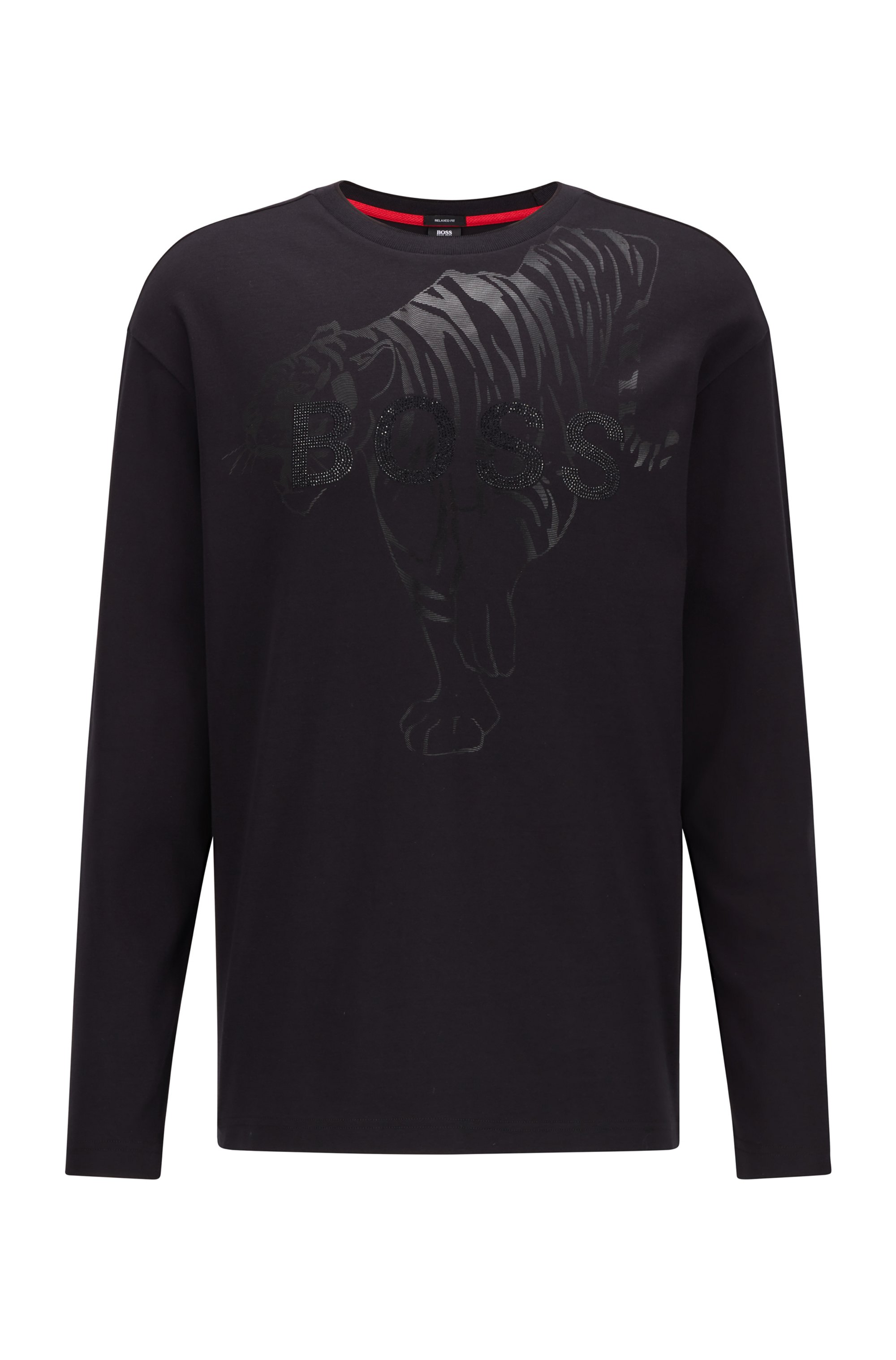 Long-sleeved T-shirt in organic cotton with tiger artwork, Black
