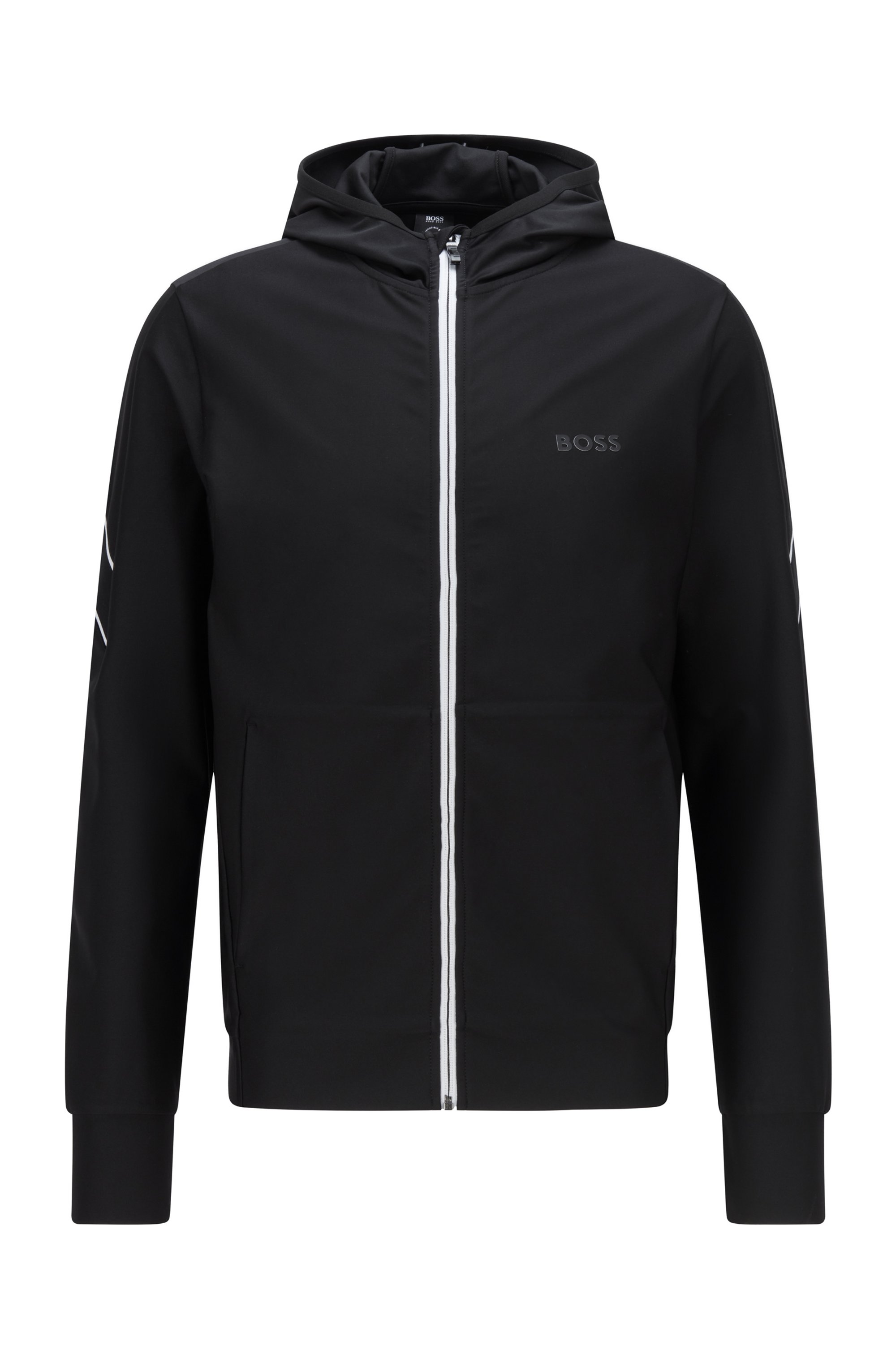 Zip-up slim-fit hooded sweatshirt with logo tape, Black