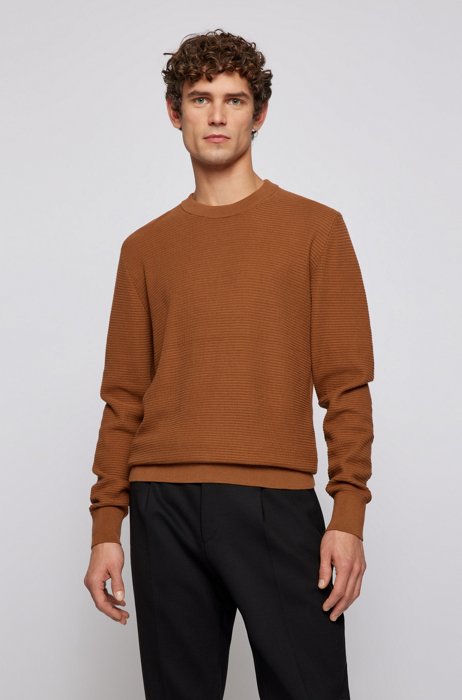 Crew-neck sweater in structured cotton, Brown