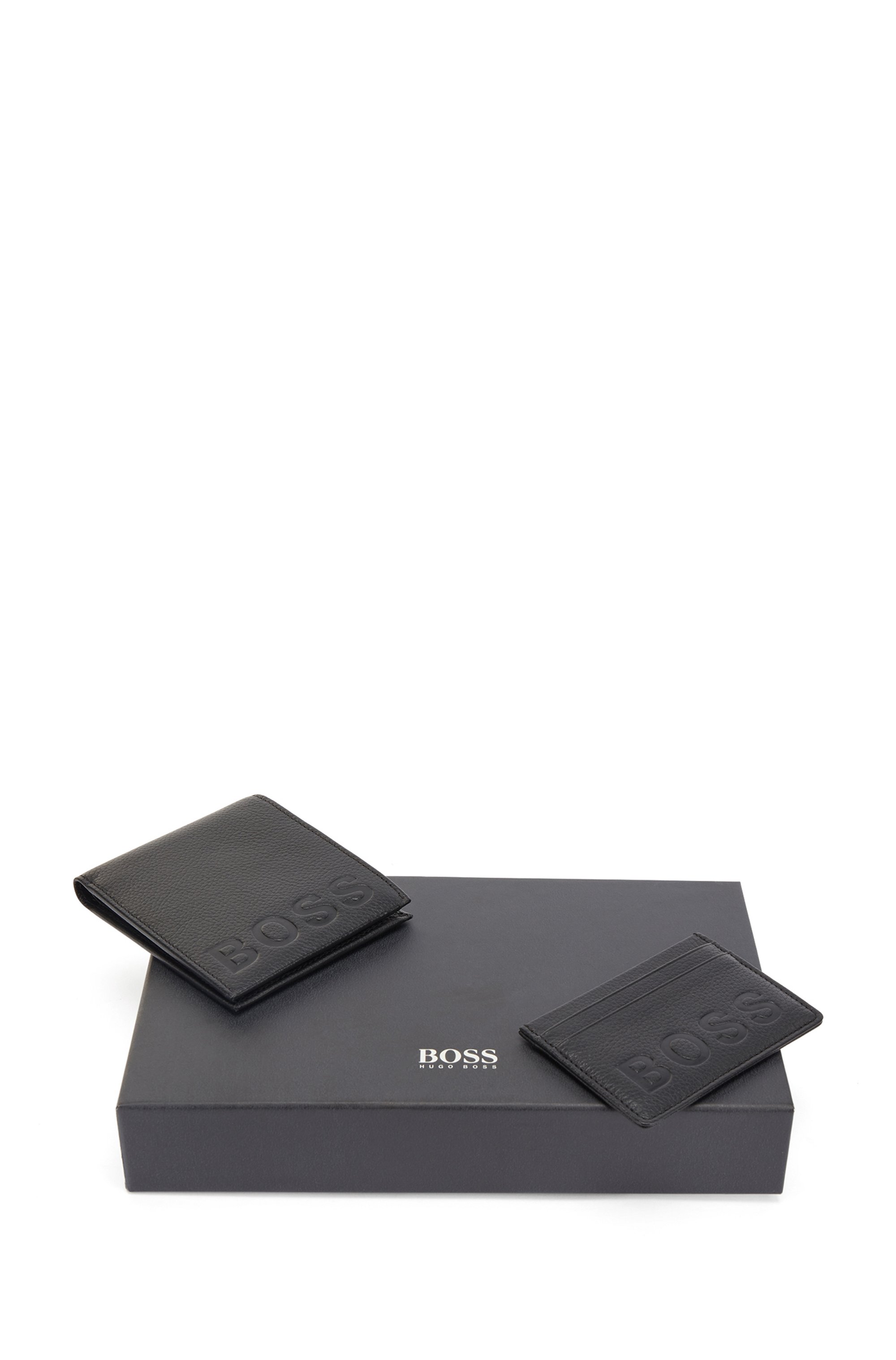 Gift-boxed wallet and card holder in grained leather, Black