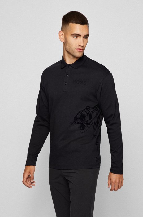 Long-sleeved polo shirt with flock-print tiger artwork, Black