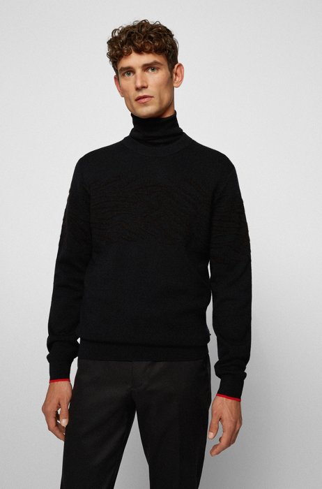 Wool-blend sweater with tiger-stripe panel, Black