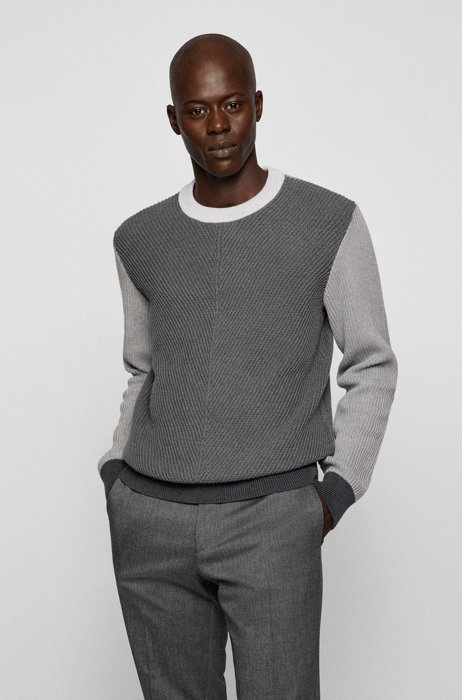 Colour-block sweater in structured cotton, Grey