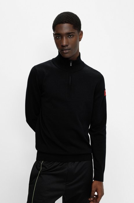 Zip-neck sweater in cotton with red logo label, Black