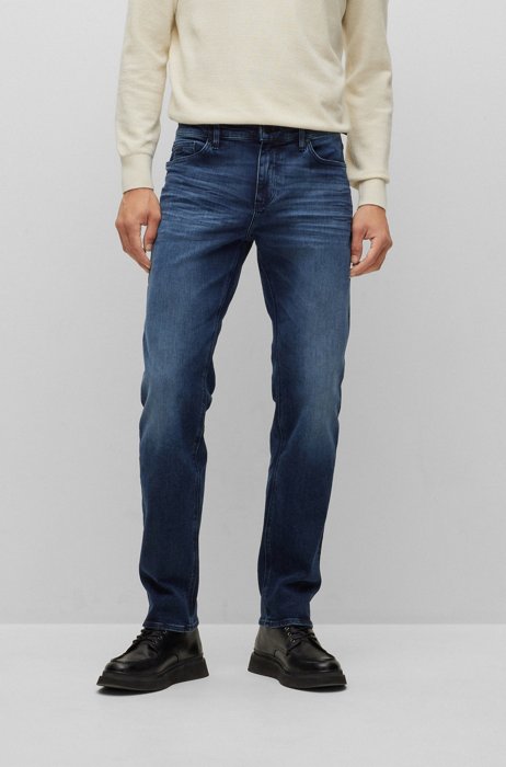Regular-fit jeans in dark-blue Italian stretch denim, Dark Blue