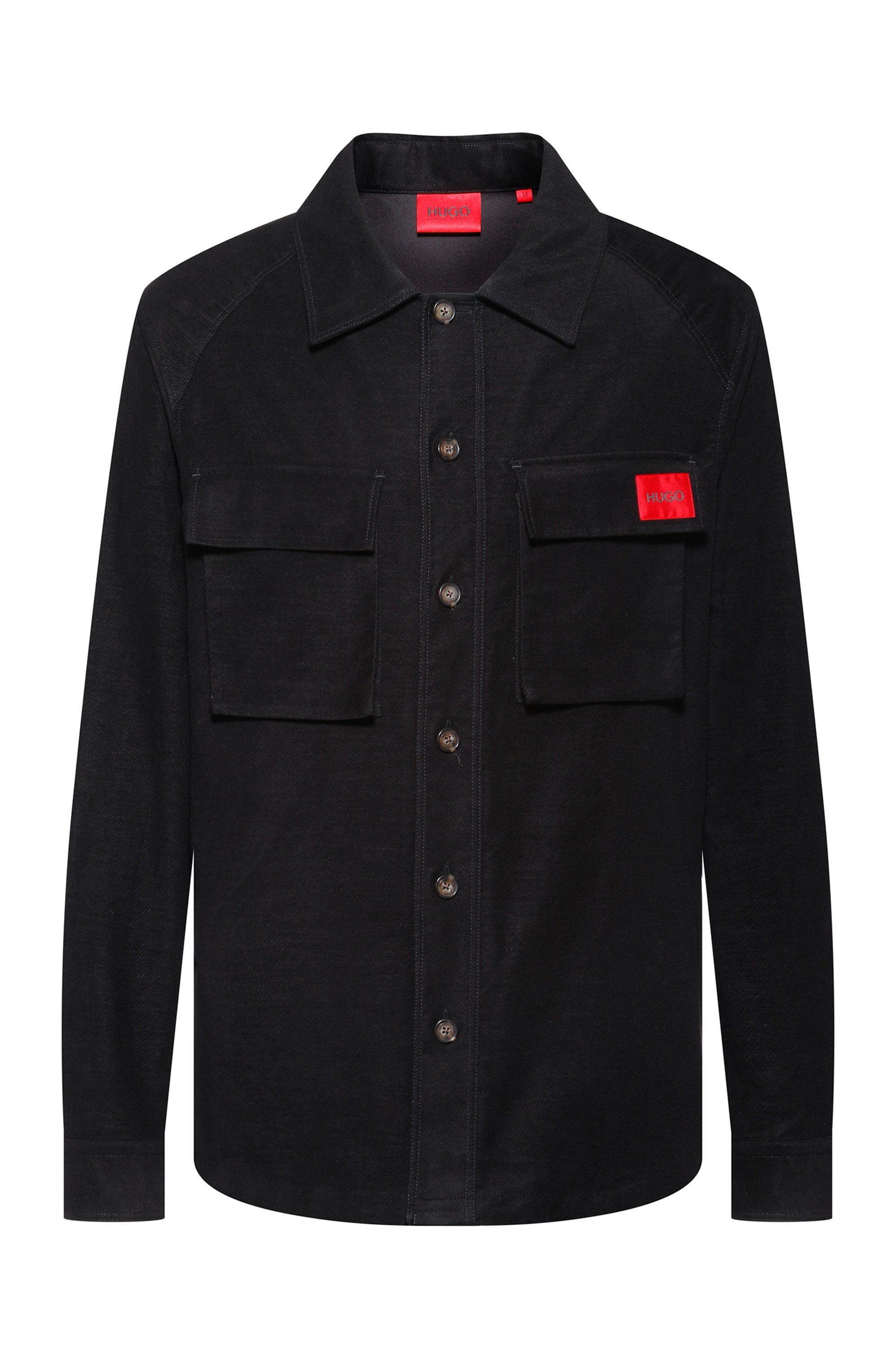 Oversized-fit moleskin shirt with red logo label, Black