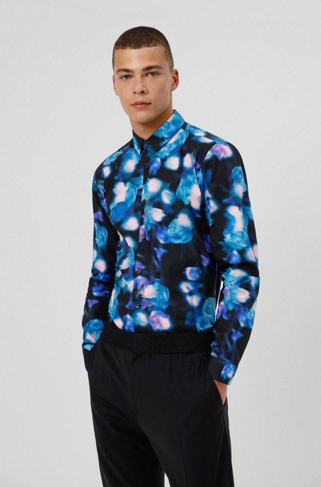 Extra Slim-Fit Hemd aus Baumwoll-Canvas mit Blumen-Print, Blau
