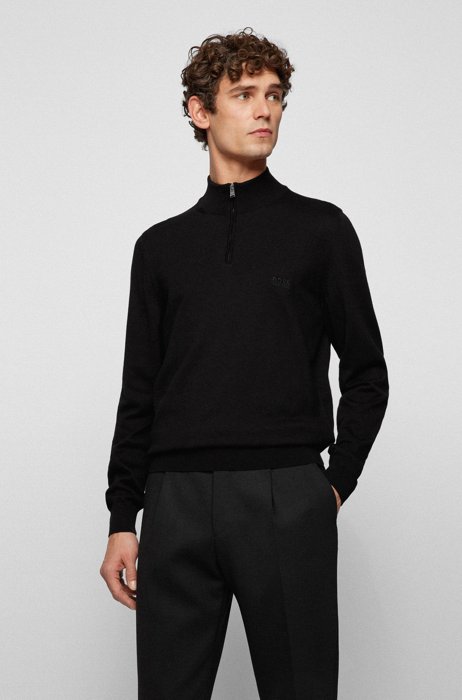 Zip-neck sweater in pure cotton with embroidered logo, Black