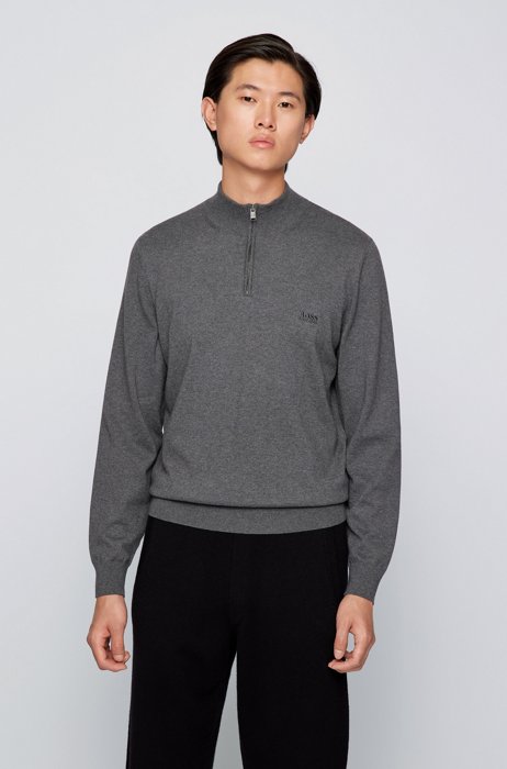 Zip-neck sweater in pure cotton with embroidered logo, Grey