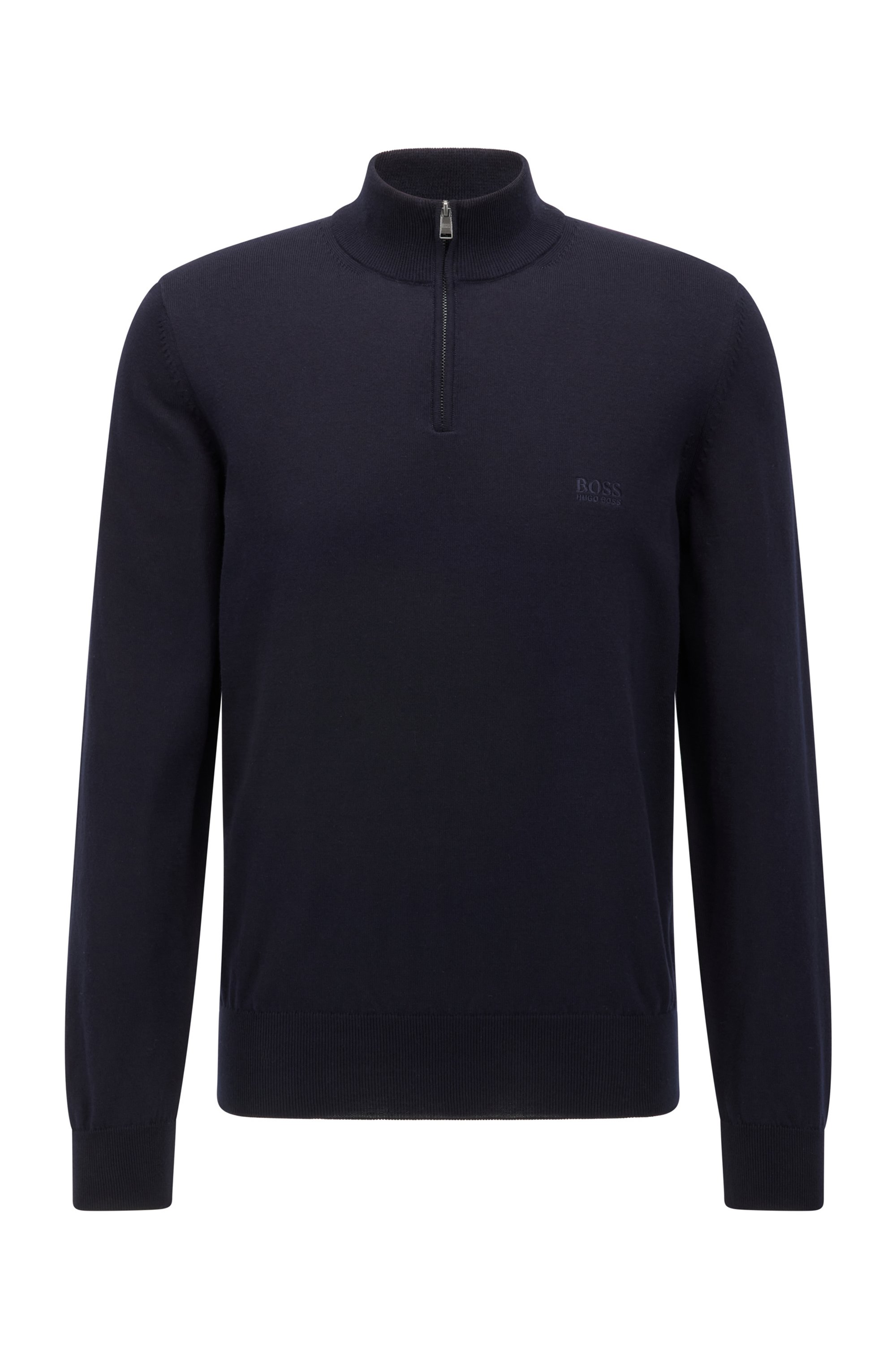 Zip-neck sweater in pure cotton with embroidered logo, Dark Blue