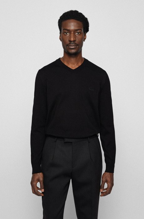 Pullover aus reiner Baumwolle mit V-Ausschnitt und Logo-Stickerei, Schwarz