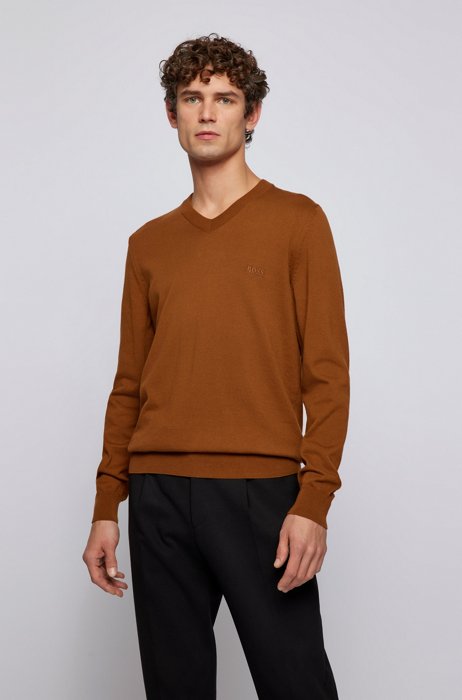 V-neck sweater in pure cotton with embroidered logo, Brown