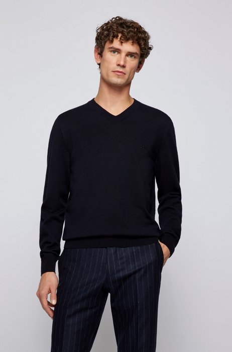 V-neck sweater in pure cotton with embroidered logo, Dark Blue
