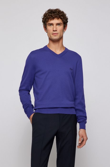 V-neck sweater in pure cotton with embroidered logo, Purple