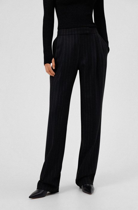 Relaxed-fit trousers in pinstripe fabric with pleat front, Black