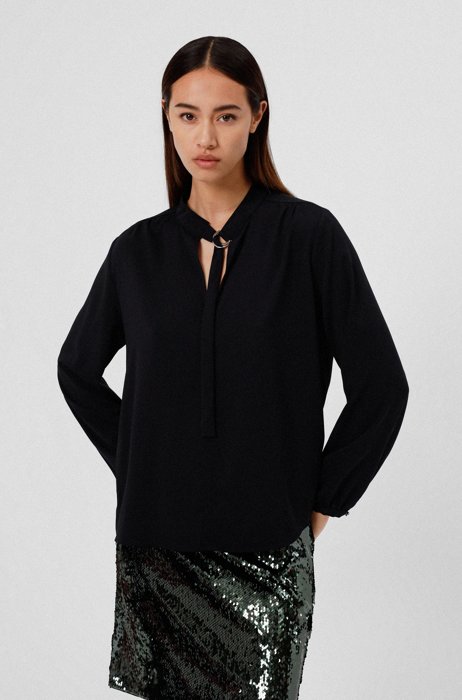 Long-sleeved top in stretch fabric with neck tie, Black
