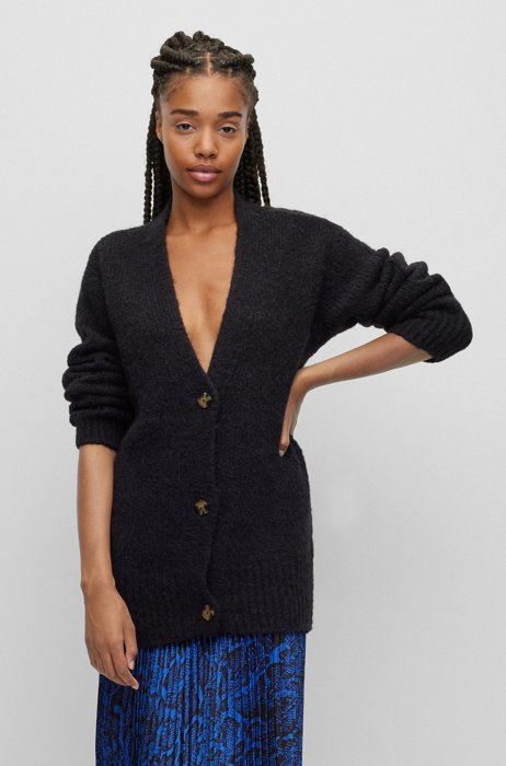 Relaxed-fit knitted cardigan with V neckline, Black