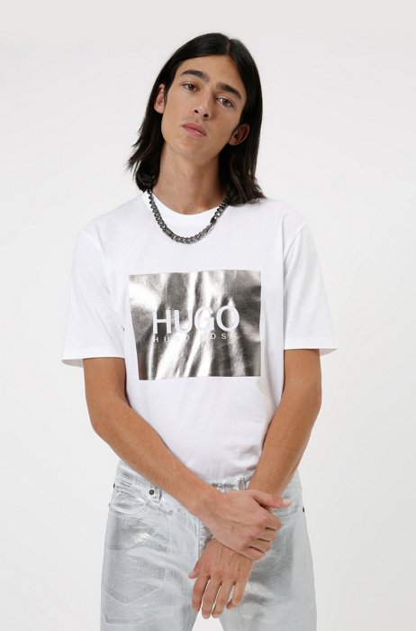 Crew-neck T-shirt in cotton with metallic logo print, White