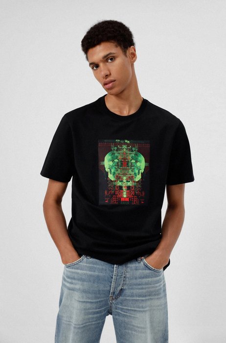 T-Shirt aus Baumwoll-Mix mit schimmerndem Artwork, Schwarz