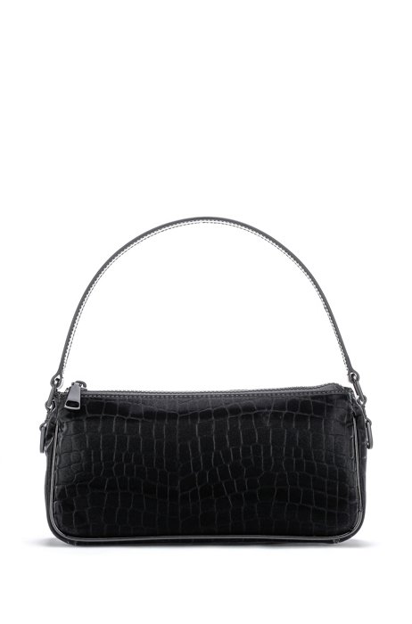 Baguette shoulder bag in crocodile-print faux leather, Black