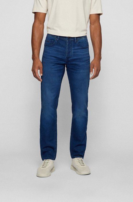Tapered-fit jeans van donkerblauw, comfortabel gebreid denim, Donkerblauw