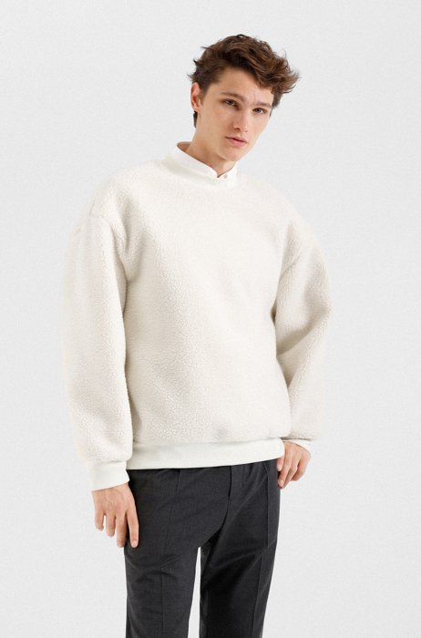 Oversized-fit sweater van teddy fleece met logolabel, Wit