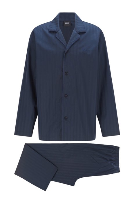 Reverse-lapel cotton pyjama set with jacquard stripes, Dark Blue