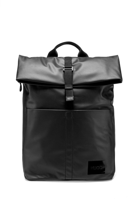 Expandable backpack in coated fabric with tonal logo patch, Black