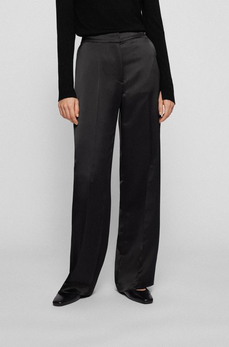 Relaxed-fit wide-leg trousers in satin, Black