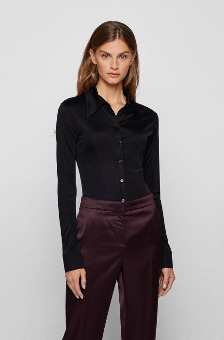 Long-sleeved slim-fit blouse in gloss-effect jersey, Black