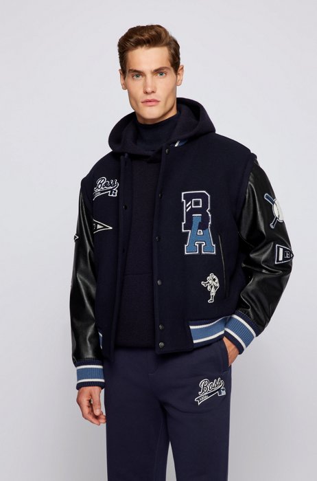 Wool-blend varsity jacket with branded patches, Dark Blue