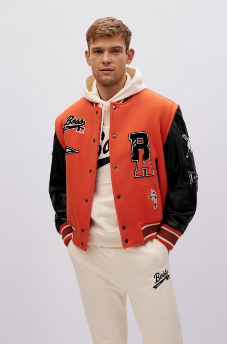 Wool-blend varsity jacket with branded patches, Orange