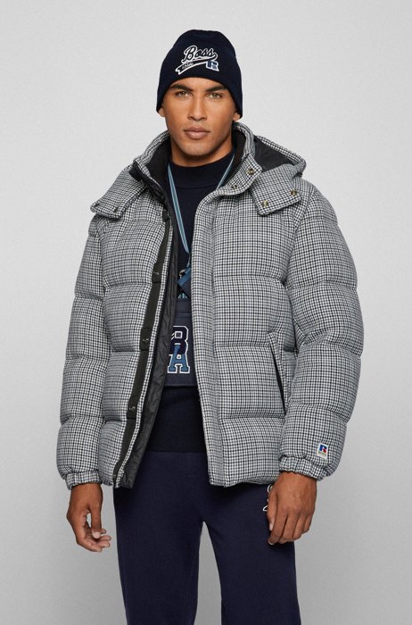 Down-filled jacket with houndstooth pattern and exclusive logo, Grey