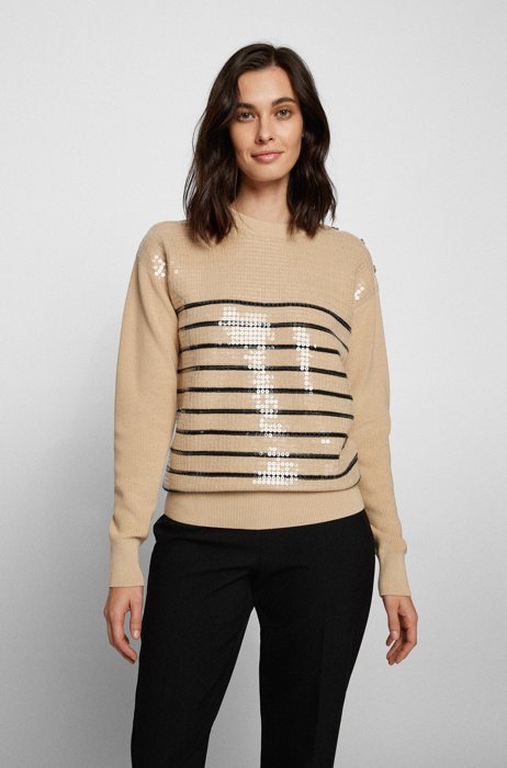Cotton-silk sweater with stripes and sequins, Patterned
