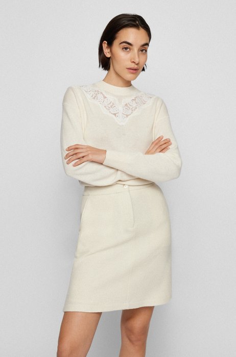 Patched-lace sweater in virgin wool and cashmere, White