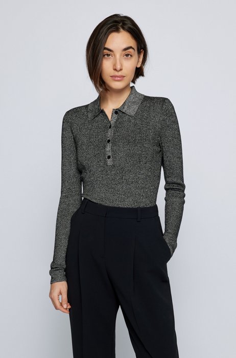 Slim-fit polo sweater in sparkly ribbed fabric, Black