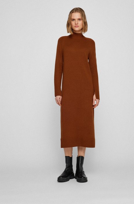 Long-sleeved knitted dress in virgin wool and cashmere, Brown