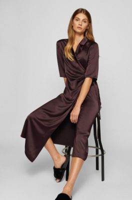 BOSS - Wrap dress in satin with tie-up belt